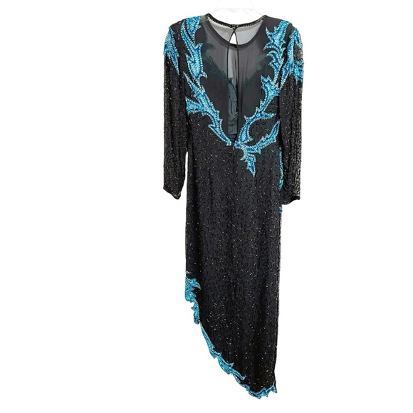 A.J. Bari Womens Vintage Beaded Silk Asymmetric Gown 4 Black Event Formal Gala - Picture 5 of 12